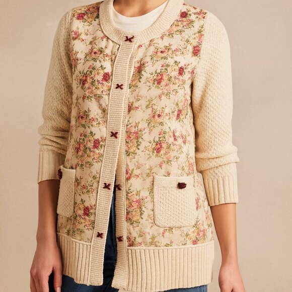 Anthropologie HWR Monogram Cotton Blend Floral Knit Cardigan - Picture 5 of 7